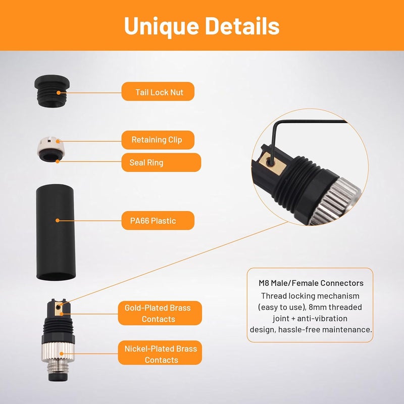 Elecbee 5PCS M8 3 Pin Connector Field Wireable A Code Industrial Circular Connector Straight Male Assemble Type Plug Non-Shield Connector, Outdoor Waterproof IP67 - Image 3